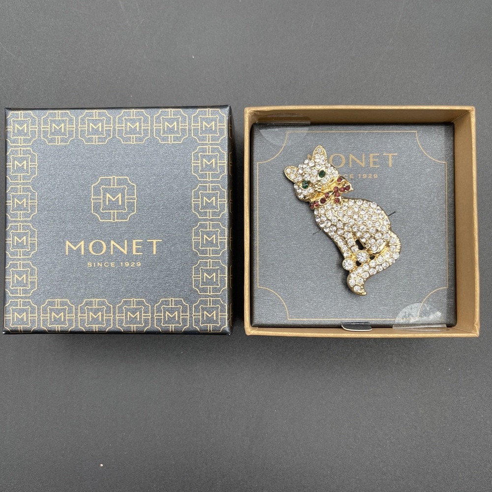 Monet Cat Brooch VTG Pave Crystal Signed Green Eyes Red Bow Kitty Kitten W/Box